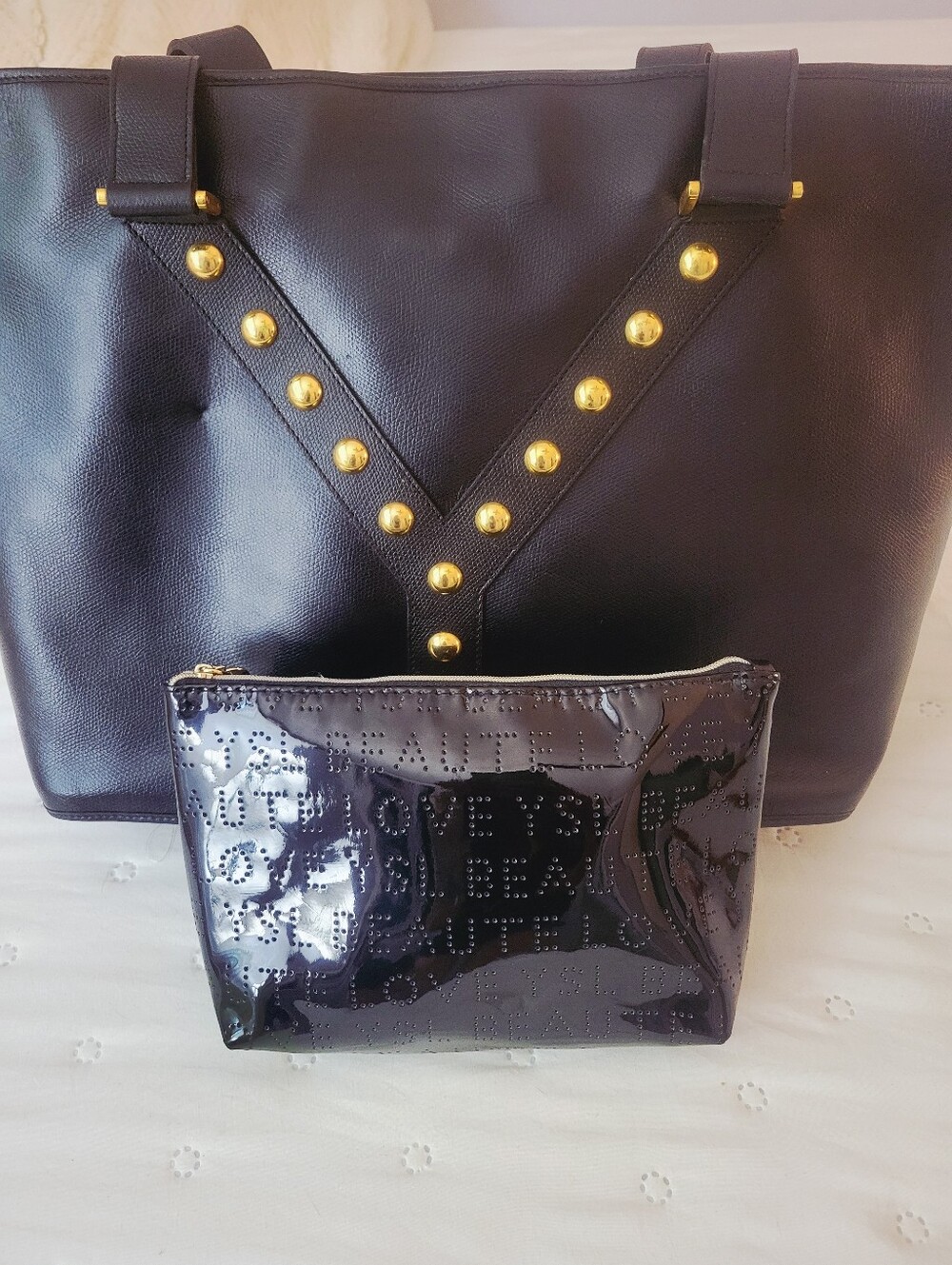 Vintage YSL Black Studded Y Ligne Leather Tote Bag w/ COA &Free YSL BEAUTY POUCH